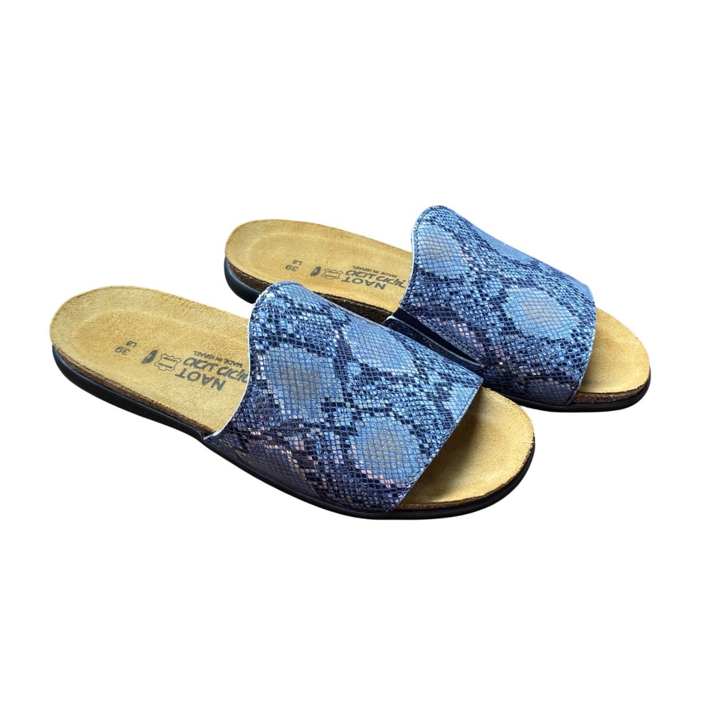 Naot Blue Snake Print Leather Slide Sandals Metallic Flat Comfort Shoes 39 L8